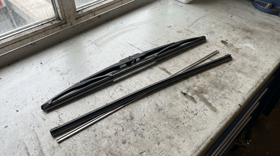 Wiper blade refill with metal rails beside a complete replacement wiper blade